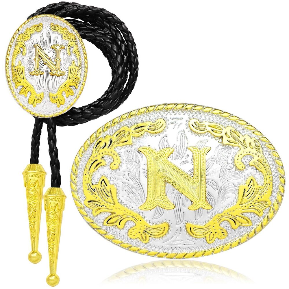 6175 2 Piece Western Belt Buckle Bolo Tie Set Initial Letter ABC to XYZ